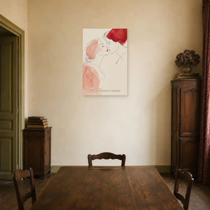 Affiche S’embrasser encore - Baiser line art dans une salle à manger - Art Virtuoso