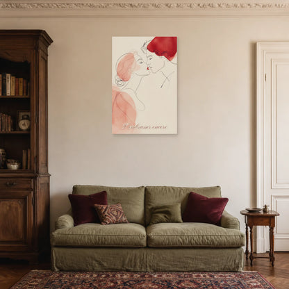 Affiche S’embrasser encore - Baiser line art dans un salon - Art Virtuoso
