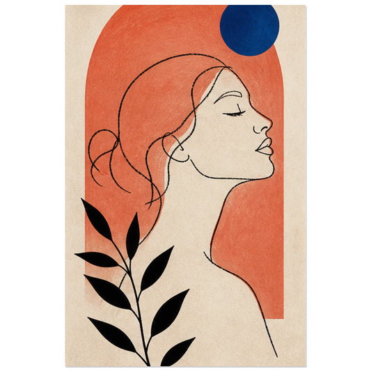 Portrait line art de femme et arche corail, affiche 30 × 45 cm