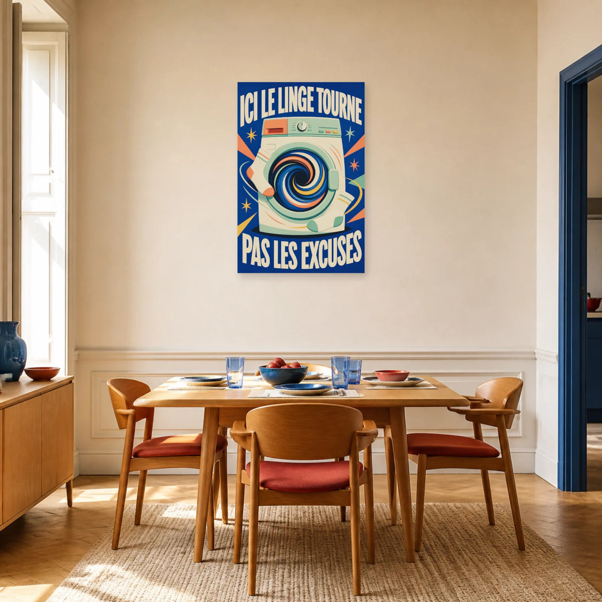 Affiche Ici le linge tourne – Pas les excuses dans une salle à manger - Art Virtuoso