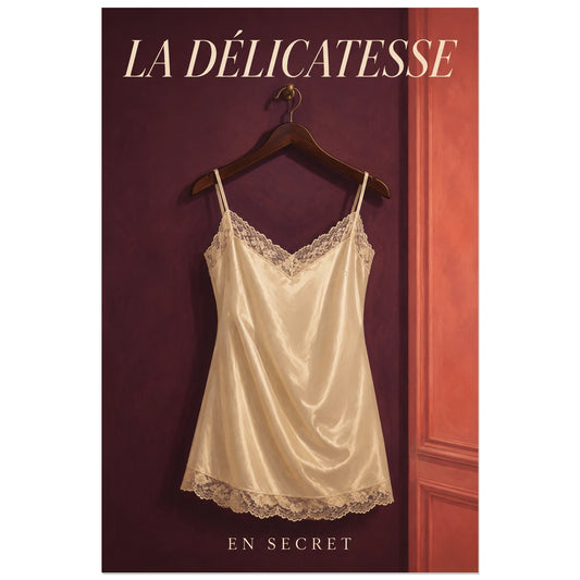 Affiche Lingerie rétro, la délicatesse en secret, illustration de lingerie rétro, nature morte de satin et dentelle verticale, format 30 × 45 cm