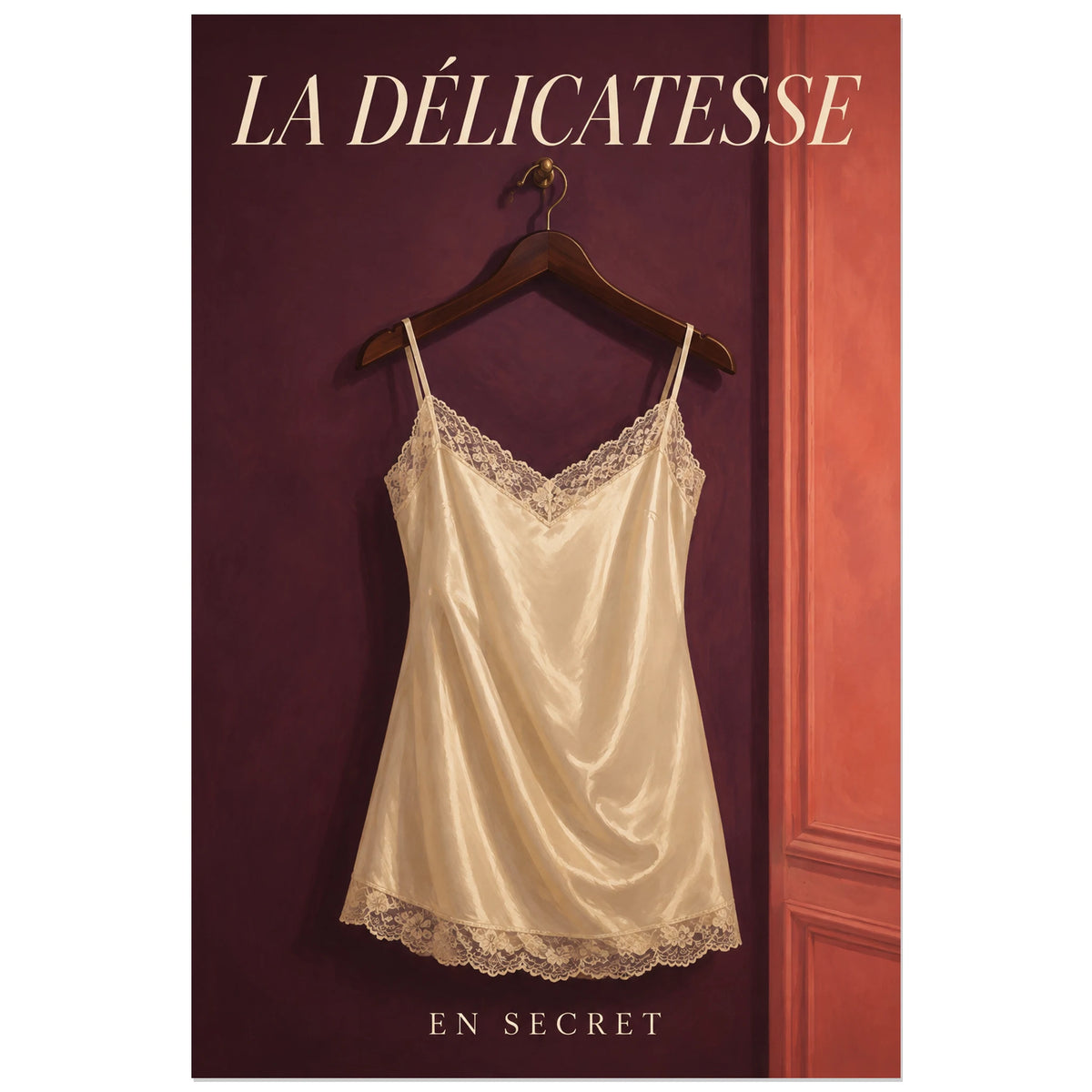 Affiche Lingerie rétro, la délicatesse en secret, illustration de lingerie rétro, nature morte de satin et dentelle verticale, format 40 × 60 cm