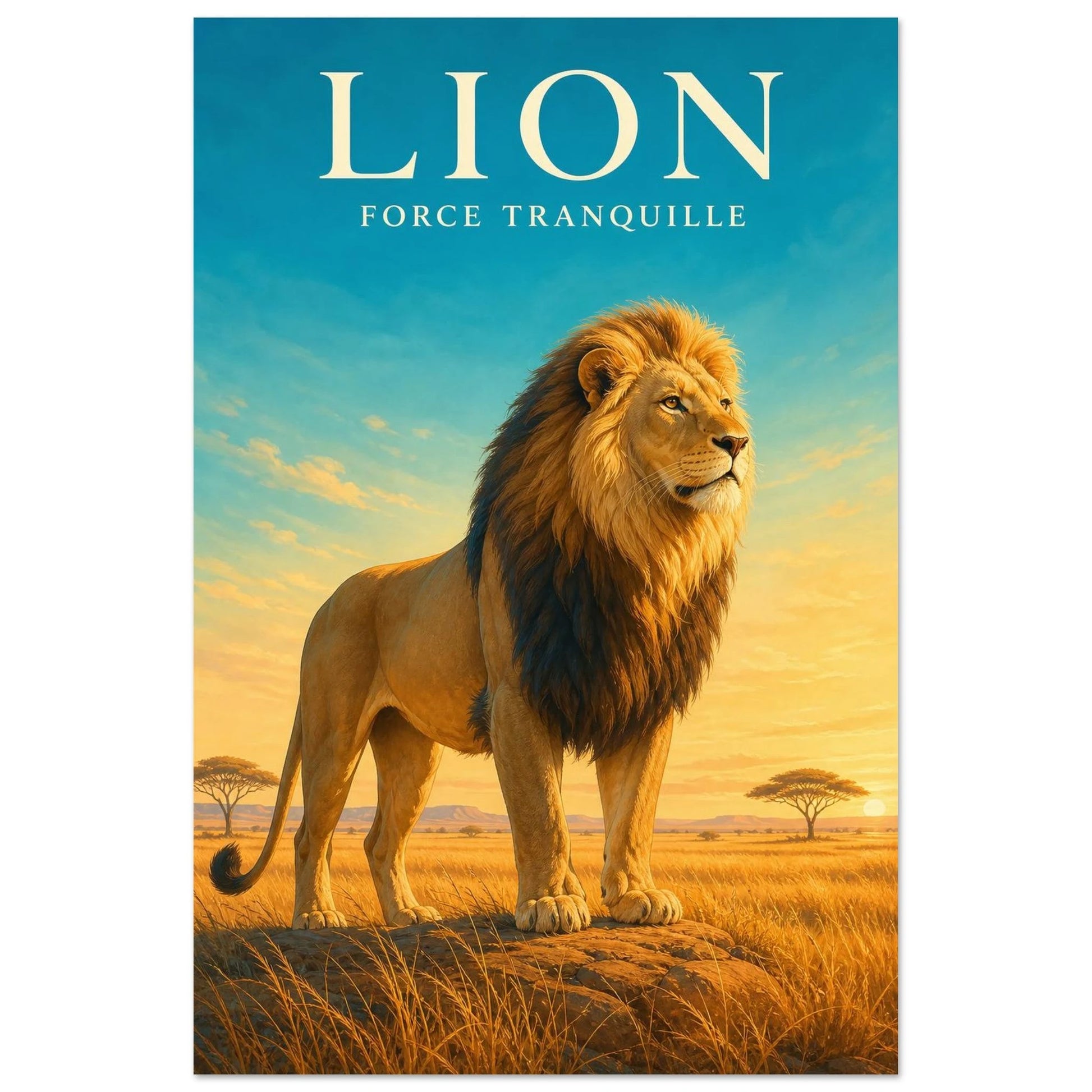 Affiche Lion – Force Tranquille, gouache contemporaine verticale, format 30 × 45 cm