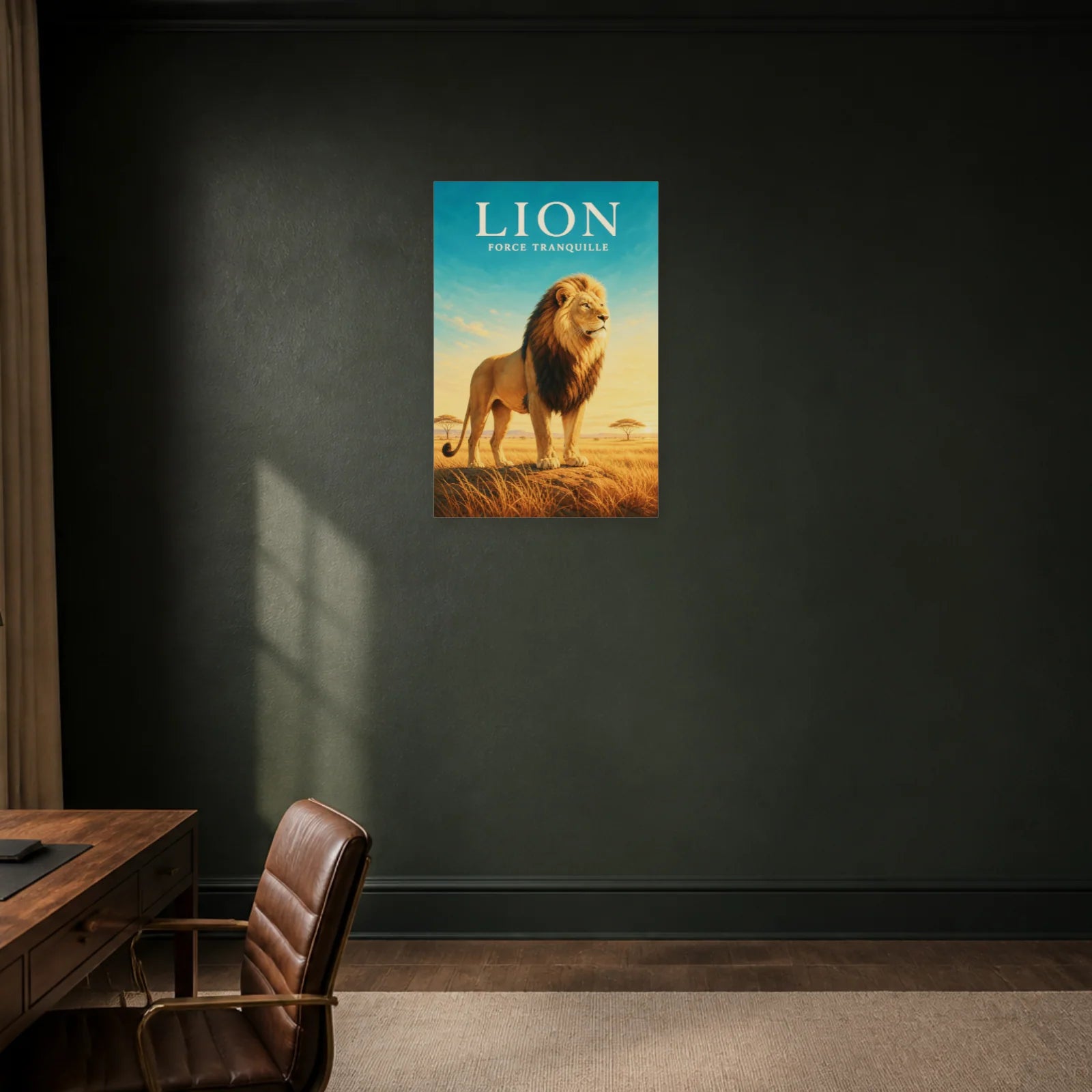Affiche Lion – Force Tranquille dans un bureau - Art Virtuoso