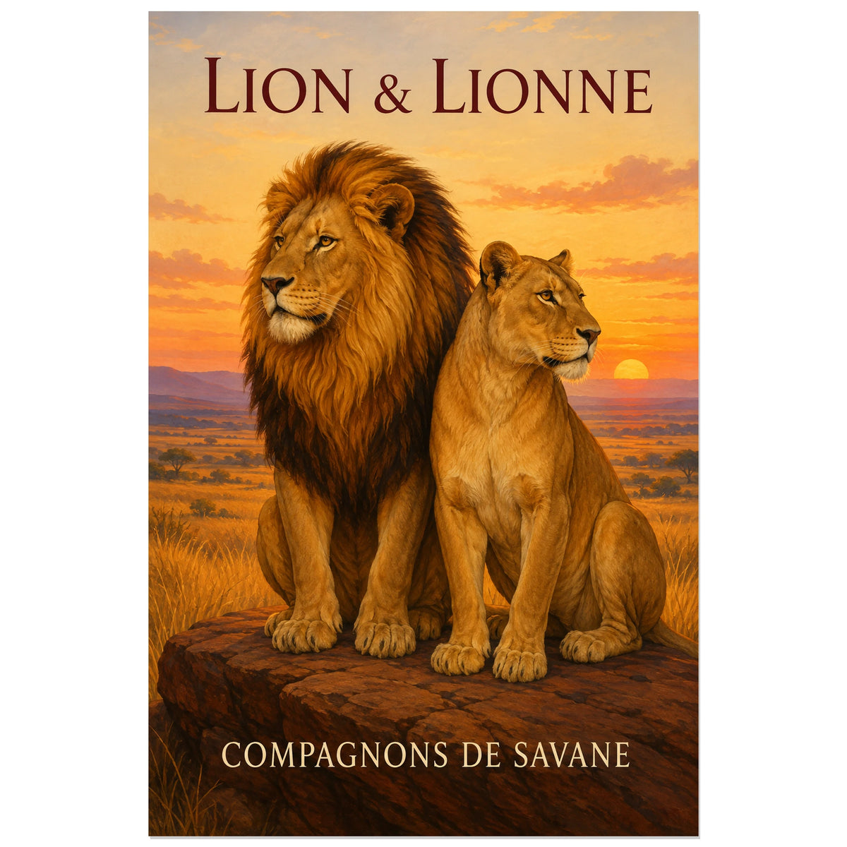 Affiche Lion et lionne, compagnons de savane, illustration naturaliste peinte à typographie intégrée verticale, format 30 × 45 cm