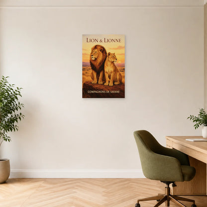 Affiche Lion et lionne, compagnons de savane dans un bureau - Art Virtuoso