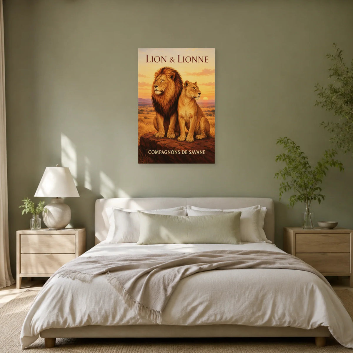 Affiche Lion et lionne, compagnons de savane dans une chambre - Art Virtuoso