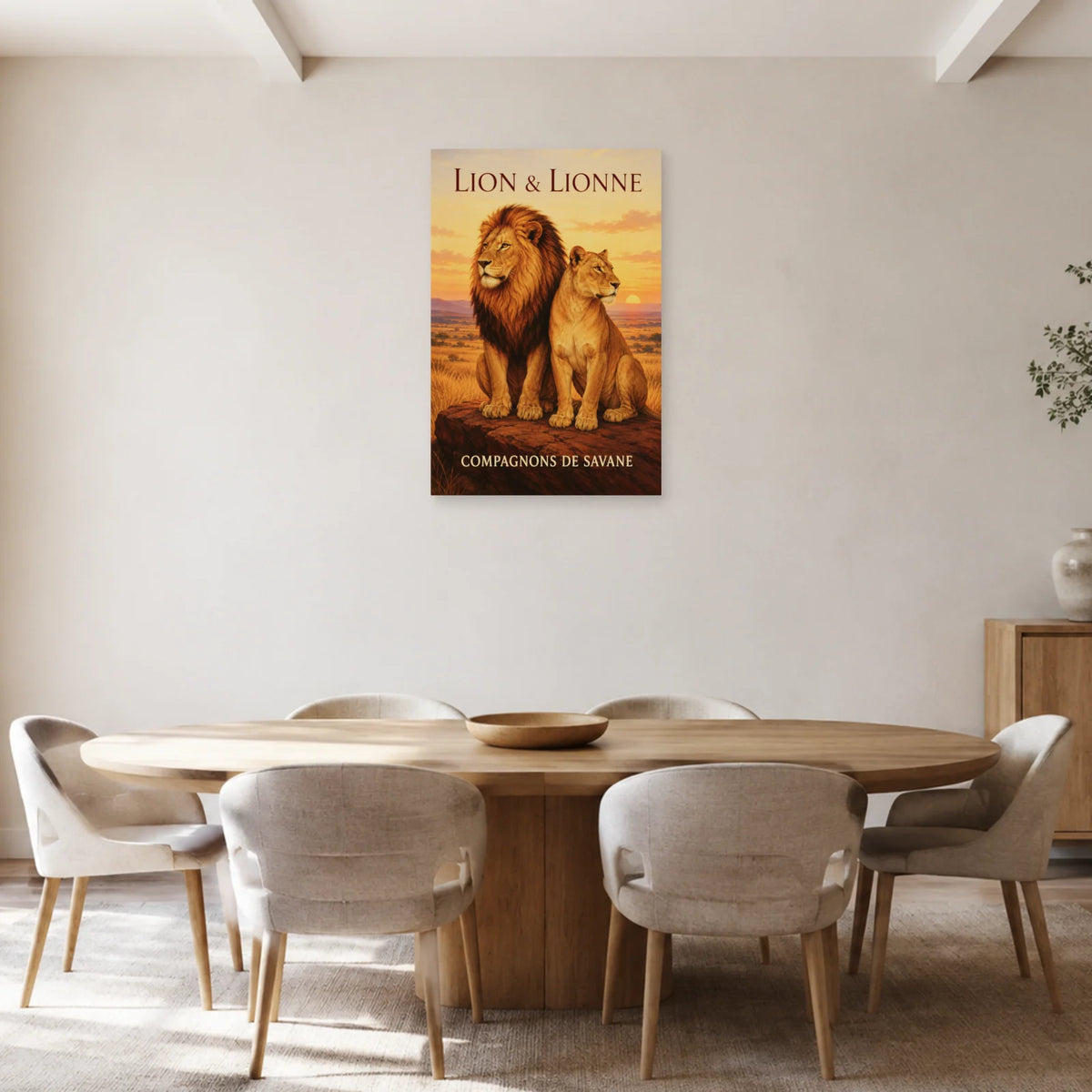 Affiche Lion et lionne, compagnons de savane dans une salle à manger - Art Virtuoso