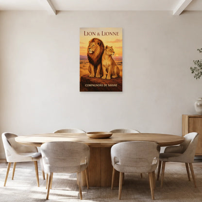 Affiche Lion et lionne, compagnons de savane dans une salle à manger - Art Virtuoso