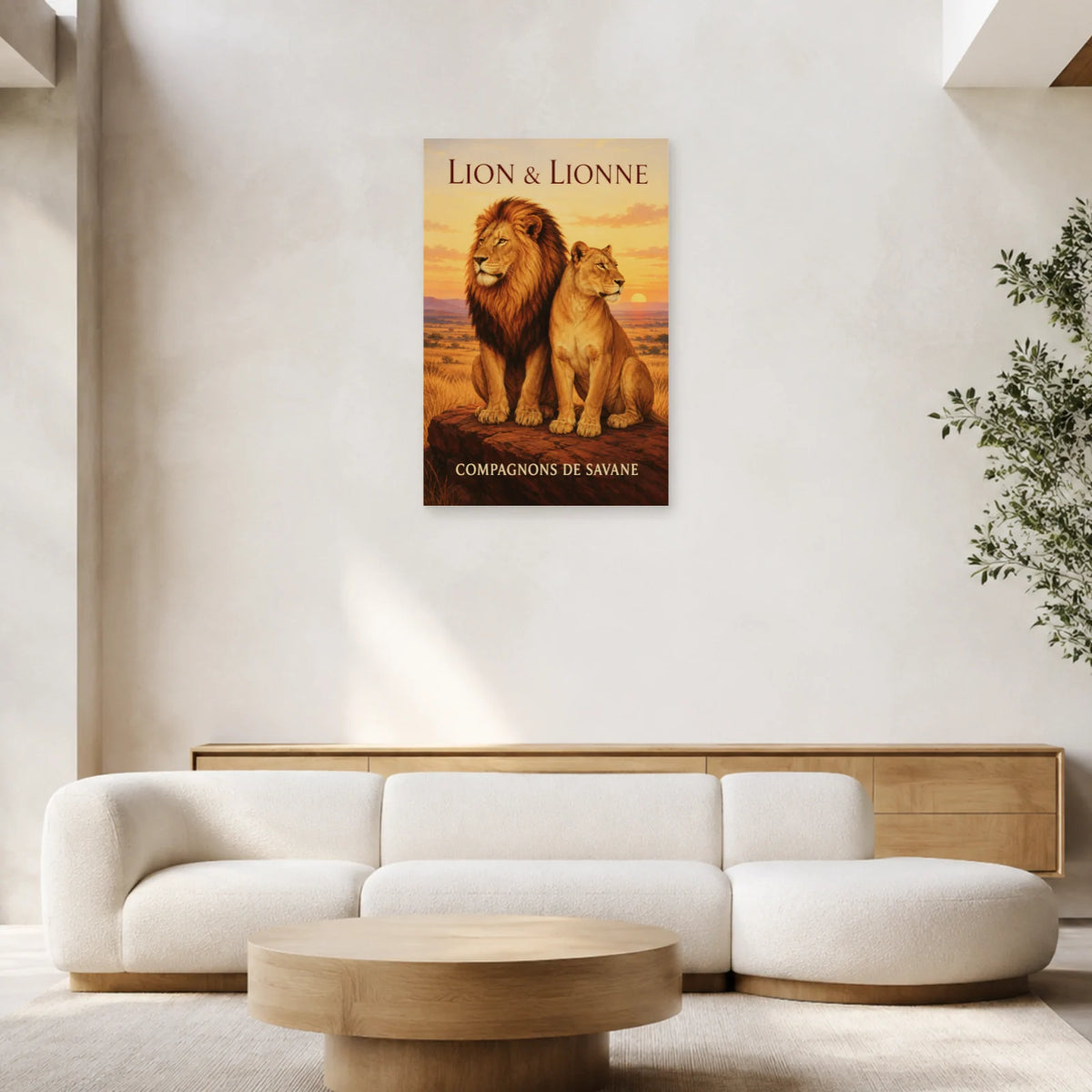 Affiche Lion et lionne, compagnons de savane dans un salon - Art Virtuoso