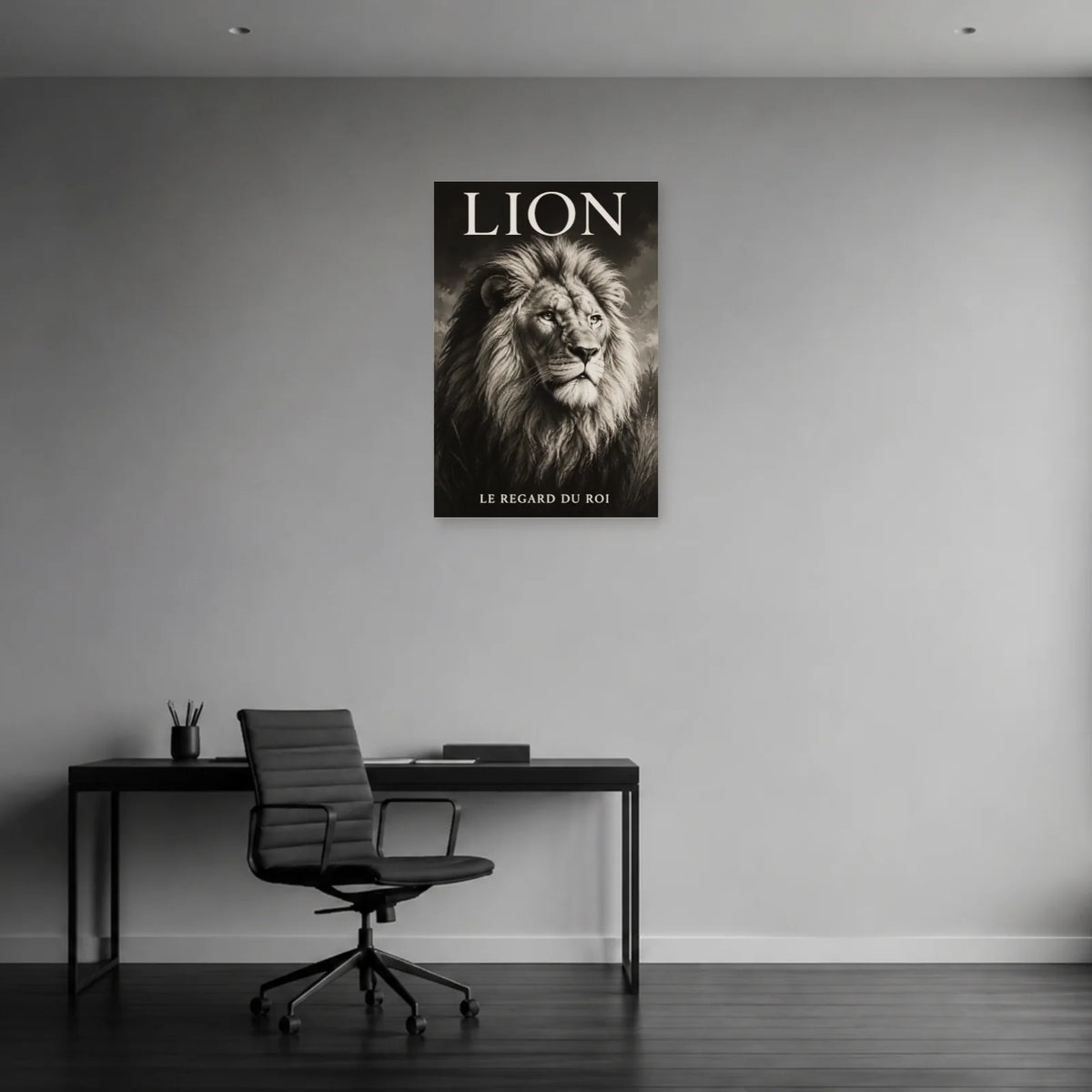 Affiche Lion noir et blanc, le regard du roi dans un bureau - Art Virtuoso