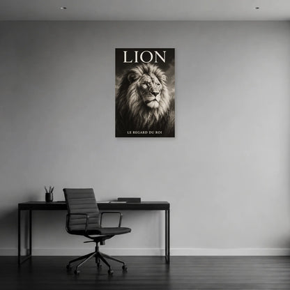 Affiche Lion noir et blanc, le regard du roi dans un bureau - Art Virtuoso