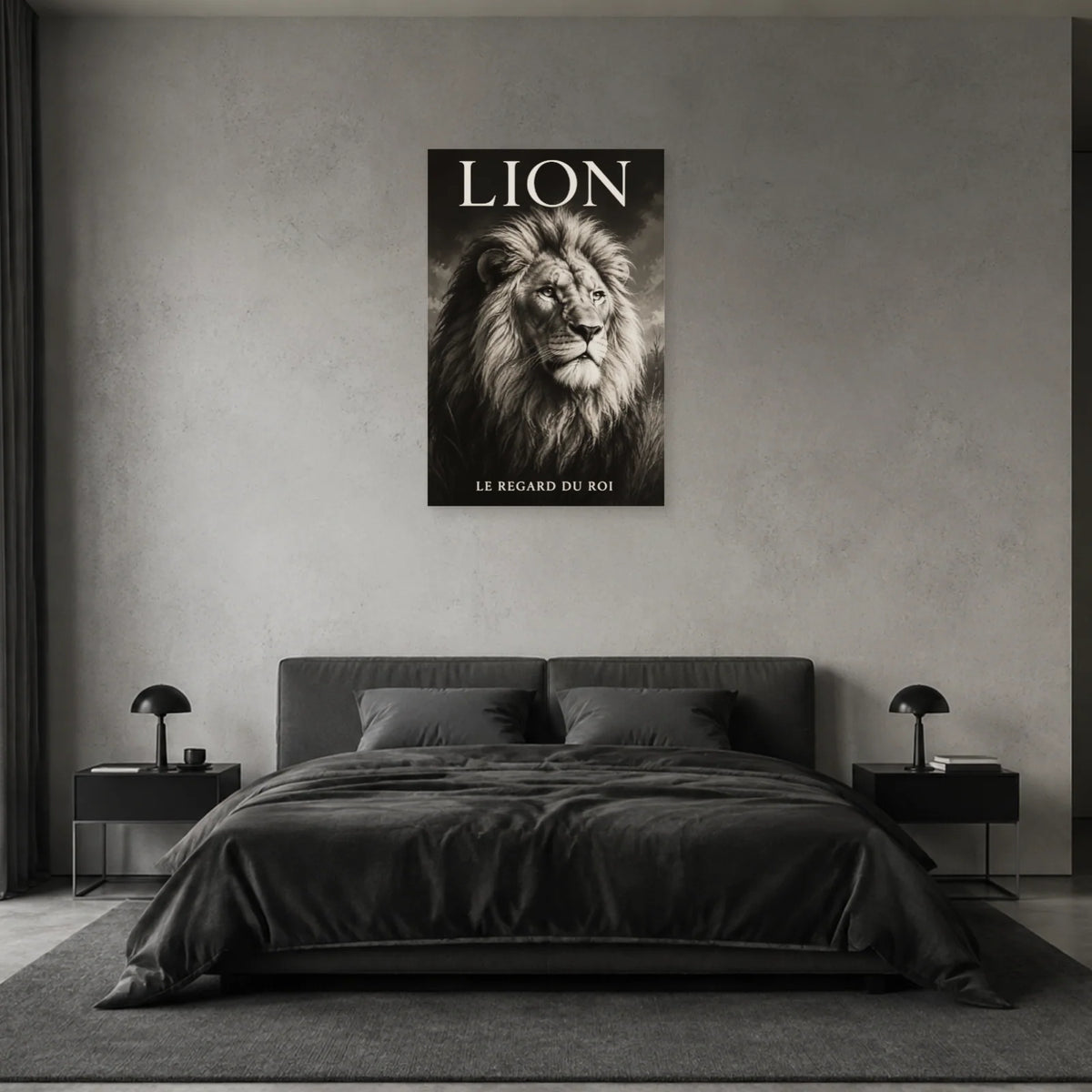 Affiche Lion noir et blanc, le regard du roi dans une chambre - Art Virtuoso