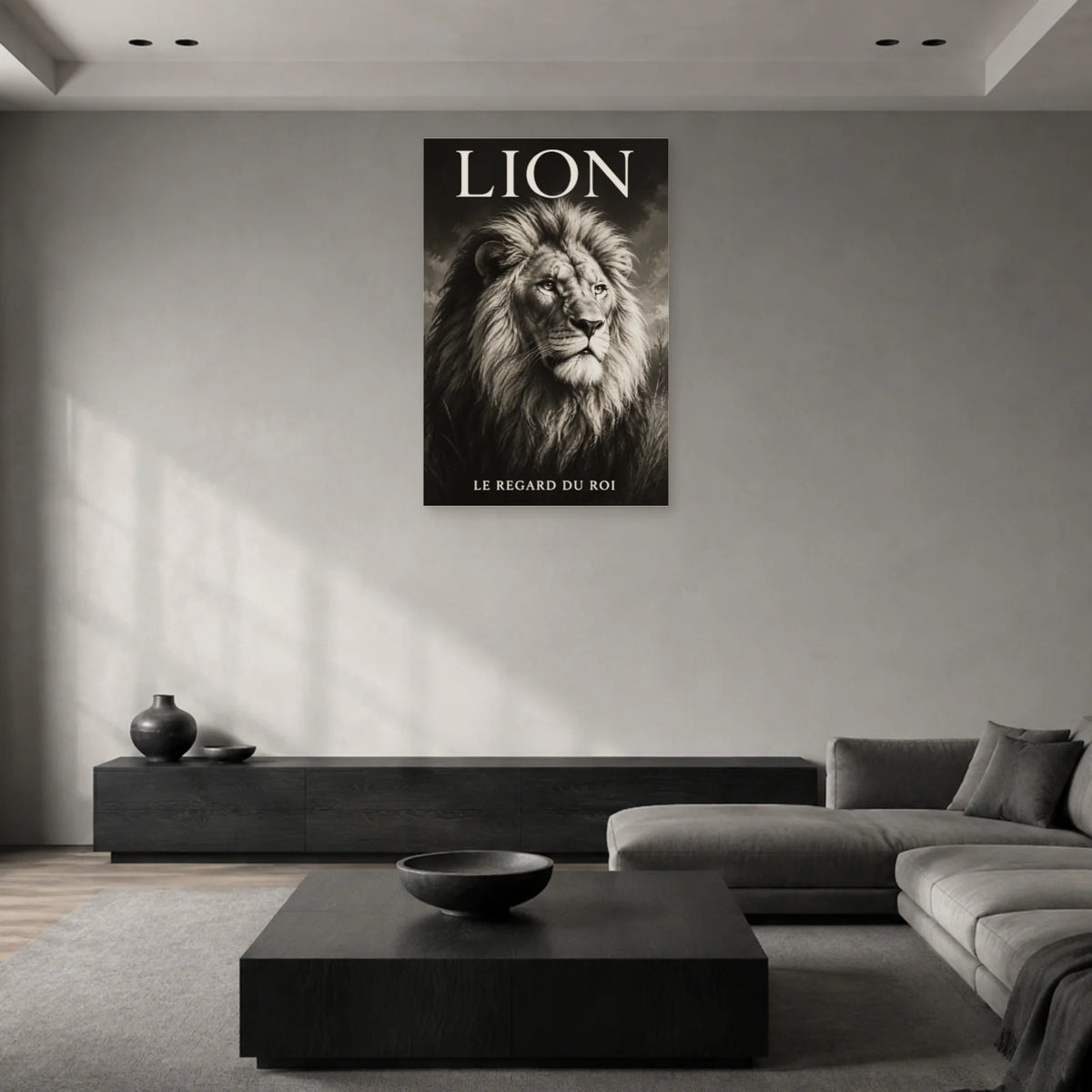 Affiche Lion noir et blanc, le regard du roi dans un salon - Art Virtuoso