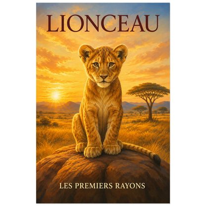 Affiche Lionceau, les premiers rayons, illustration naturaliste peinte à typographie intégrée verticale, format 60 × 90 cm