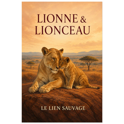 Affiche Lionne et lionceau, le lien sauvage, illustration naturaliste peinte à typographie intégrée verticale, format 60 × 90 cm