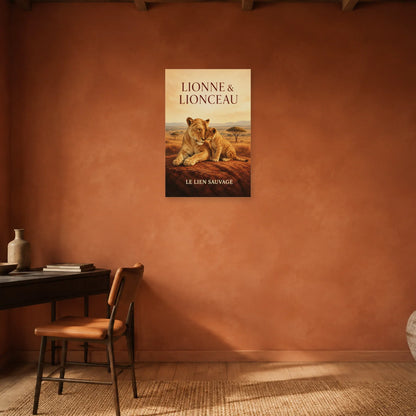 Affiche Lionne et lionceau, le lien sauvage dans un bureau - Art Virtuoso