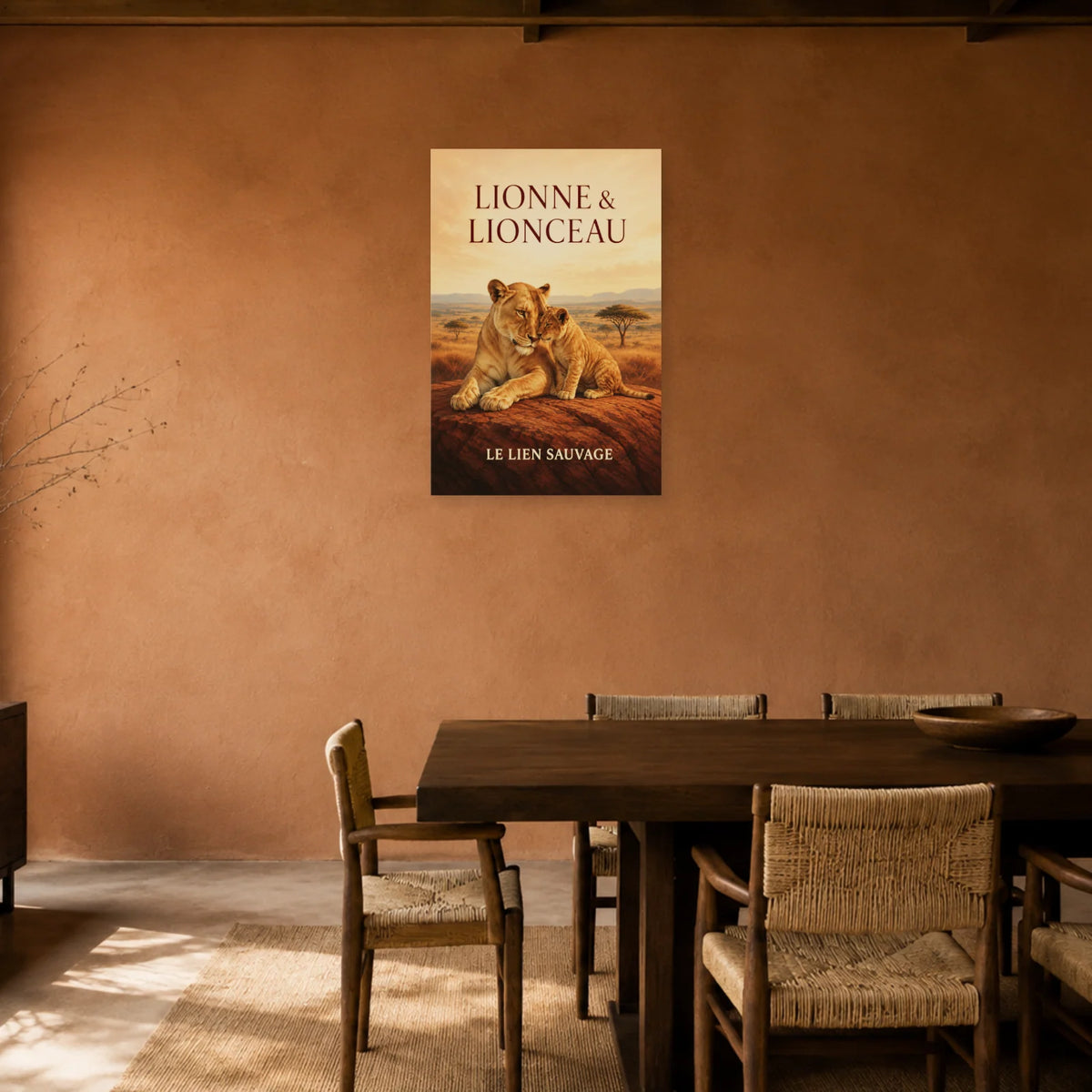 Affiche Lionne et lionceau, le lien sauvage dans une salle à manger - Art Virtuoso