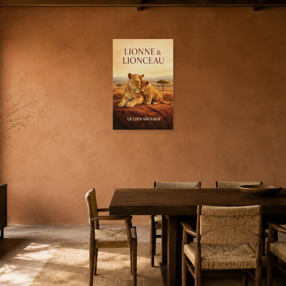 Affiche Lionne et lionceau, le lien sauvage dans une salle à manger - Art Virtuoso