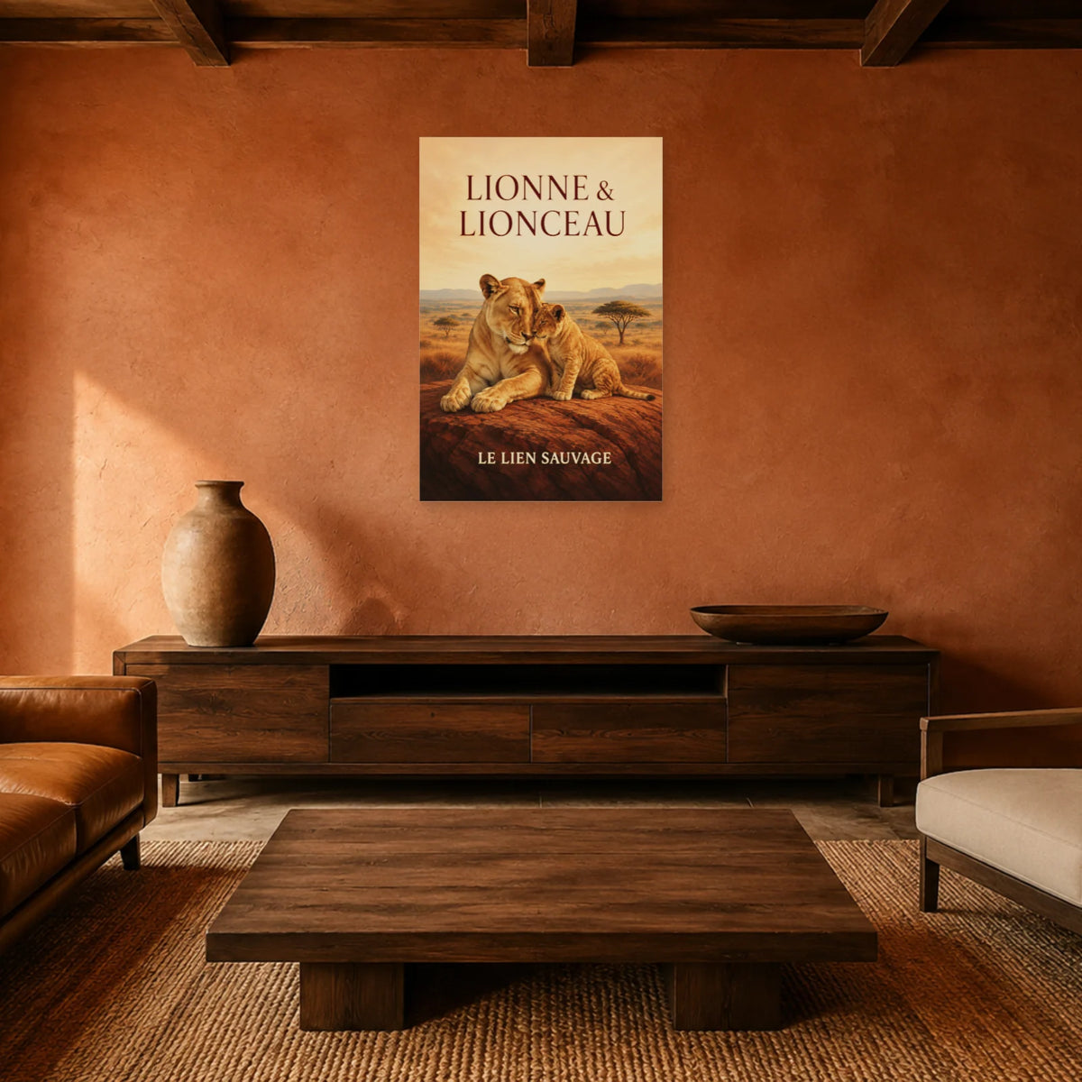 Affiche Lionne et lionceau, le lien sauvage dans un salon - Art Virtuoso