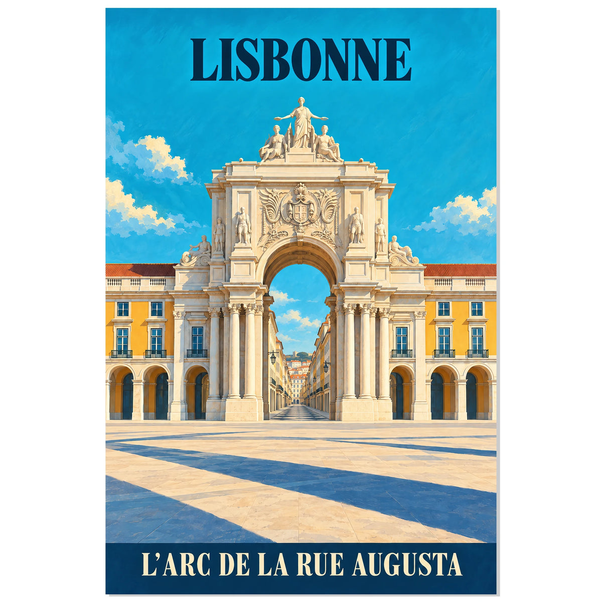 Affiche Lisbonne - L’arc de la rue Augusta, illustration de voyage / rendu gouache / inspiration vintage verticale, format 40 × 60 cm
