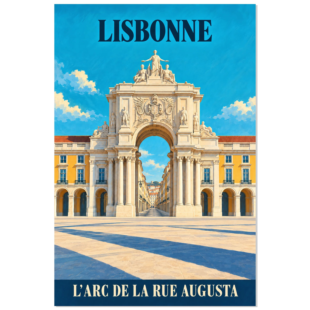 Affiche Lisbonne - L’arc de la rue Augusta, illustration de voyage / rendu gouache / inspiration vintage verticale, format 60 × 90 cm