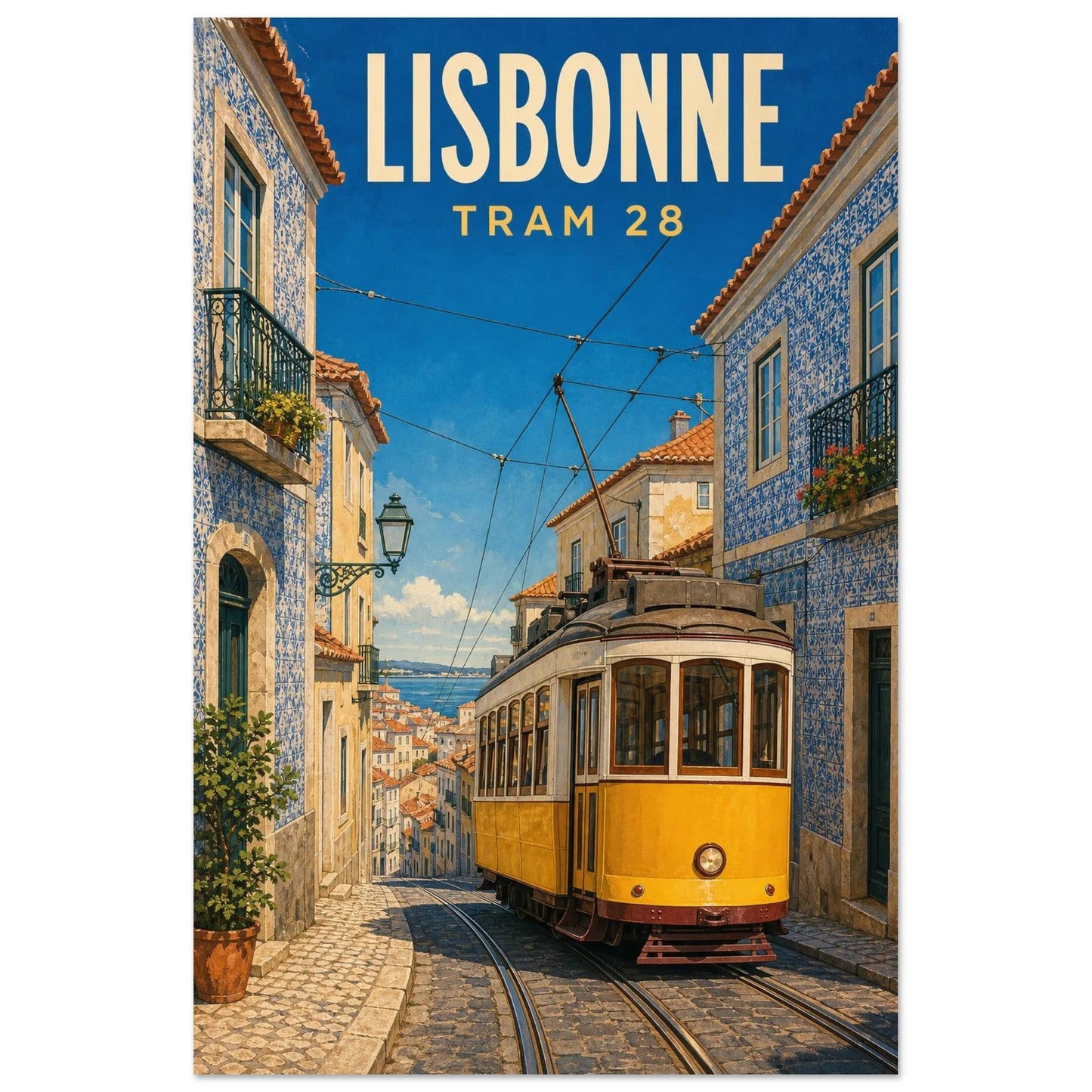 Affiche Lisbonne – Tram 28, illustration verticale gouache sérigraphique, format 30 × 45 cm