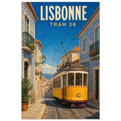 Affiche Lisbonne – Tram 28, illustration verticale gouache sérigraphique, format 30 × 45 cm