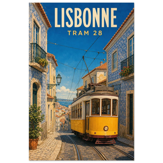 Affiche Lisbonne – Tram 28, illustration verticale gouache sérigraphique, format 30 × 45 cm