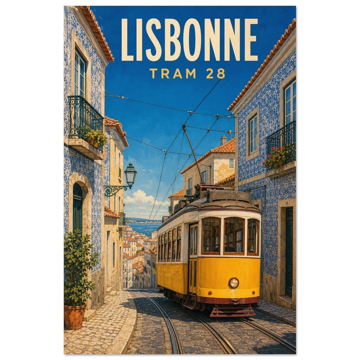 Affiche Lisbonne – Tram 28, illustration verticale gouache sérigraphique, format 40 × 60 cm
