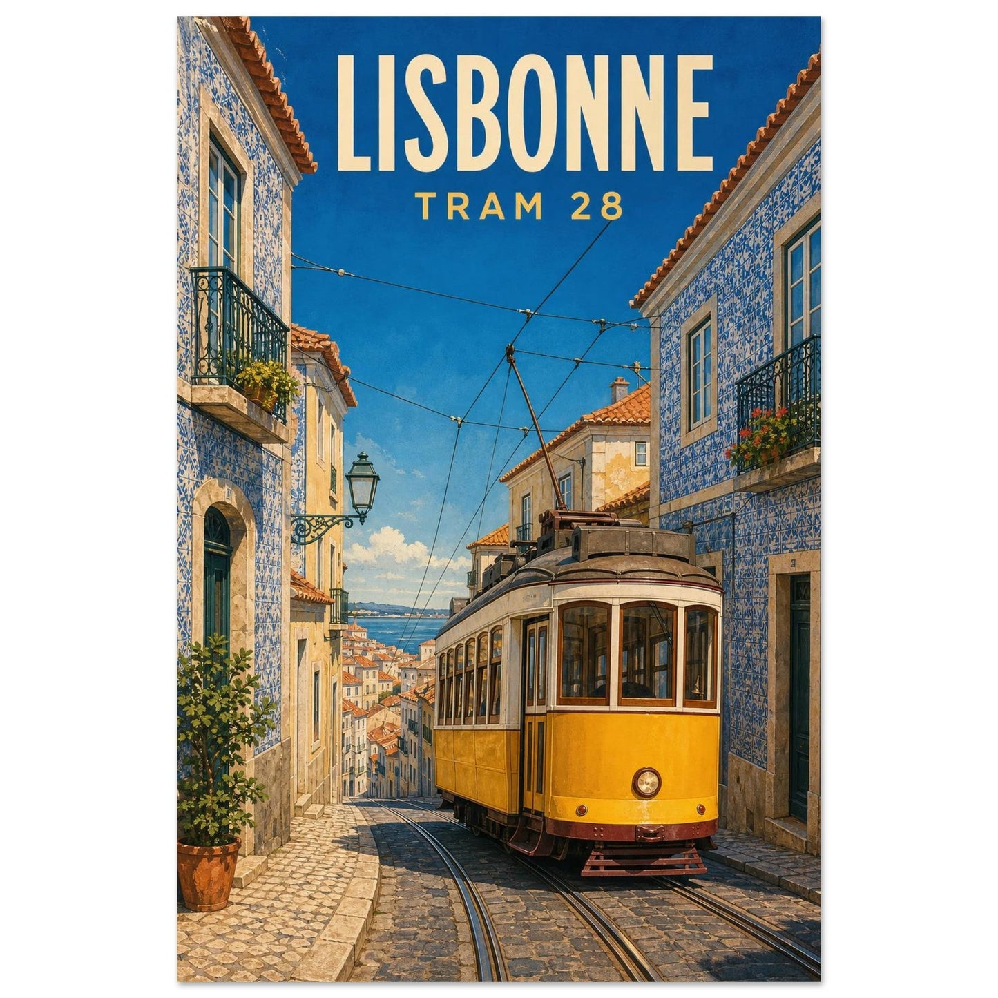 Affiche Lisbonne – Tram 28, illustration verticale gouache sérigraphique, format 60 × 90 cm
