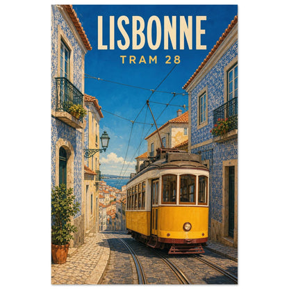 Affiche Lisbonne – Tram 28, illustration verticale gouache sérigraphique, format 60 × 90 cm