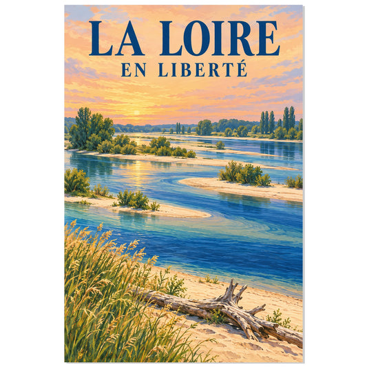 Affiche Loire – Bancs de sable en liberté, affiche de paysage illustrée / réalisme pictural / inspiration voyage rétro verticale, format 30 × 45 cm