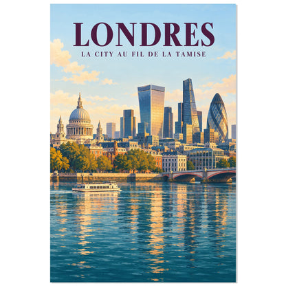 Affiche Londres – La City au fil de la Tamise, illustration architecturale / affiche de voyage / rendu peint verticale, format 60 × 90 cm