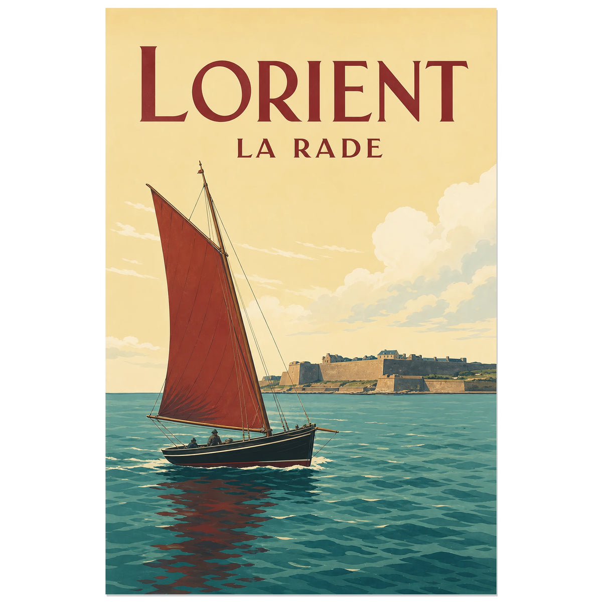 Voilier sombre à voile rouge sur la rade de Lorient, affiche 30 × 45 cm