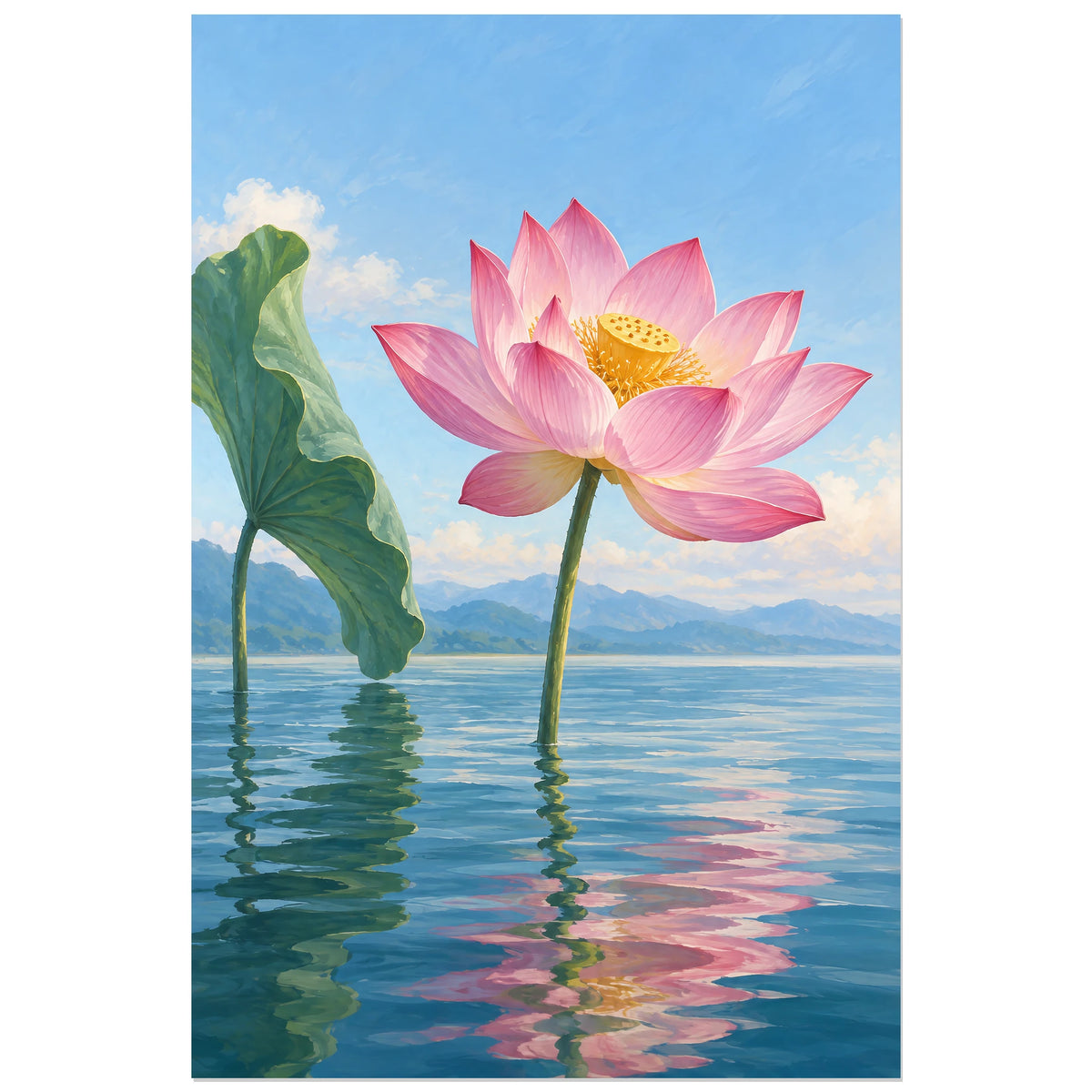 Fleur de lotus rose sur eau calme avec montagnes lointaines, visuel 30 × 45 cm