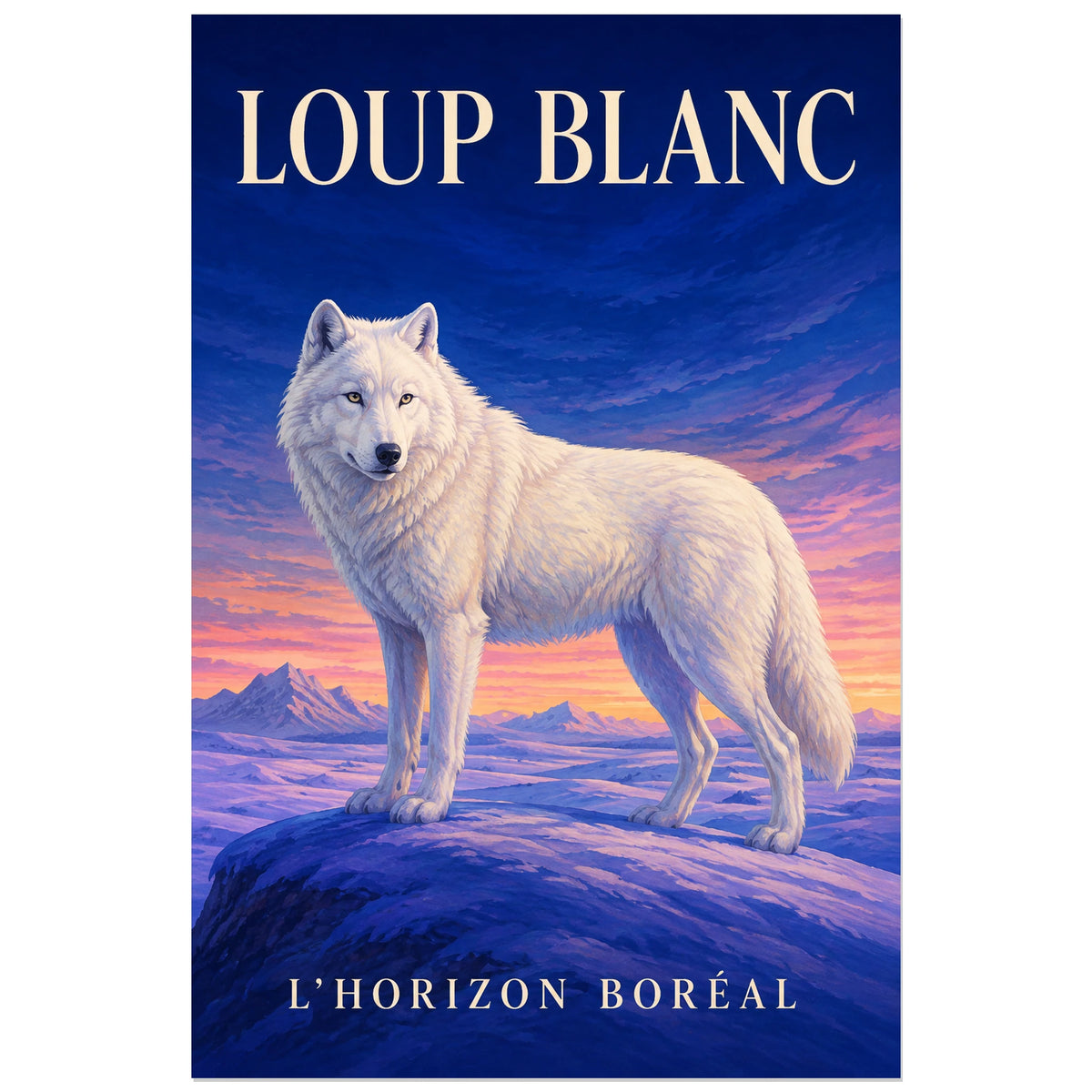 Affiche Loup blanc, l’horizon boréal, illustration naturaliste peinte à typographie intégrée verticale, format 30 × 45 cm