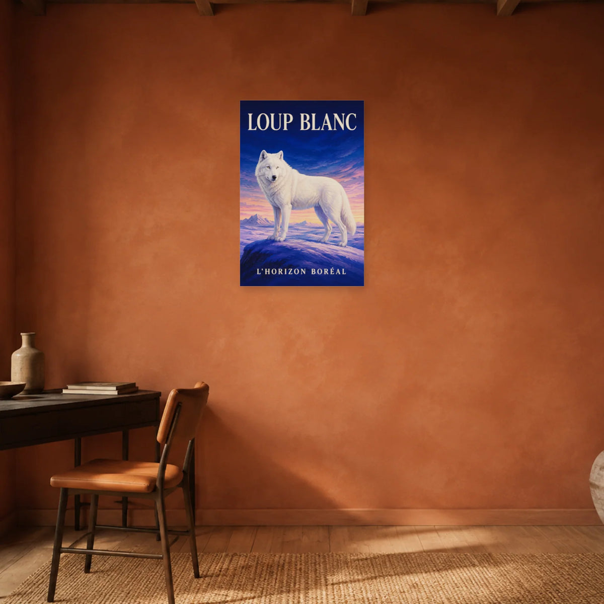 Affiche Loup blanc, l’horizon boréal dans un bureau - Art Virtuoso