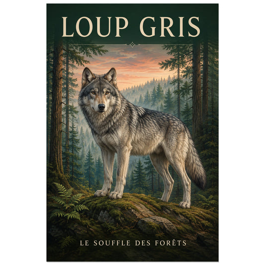 Affiche Loup gris, le souffle des forêts, illustration naturaliste peinte à typographie intégrée verticale, format 30 × 45 cm