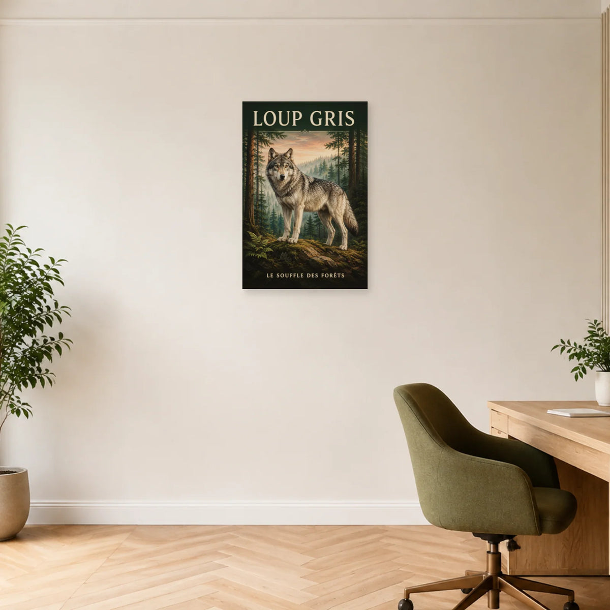 Affiche Loup gris, le souffle des forêts dans un bureau - Art Virtuoso