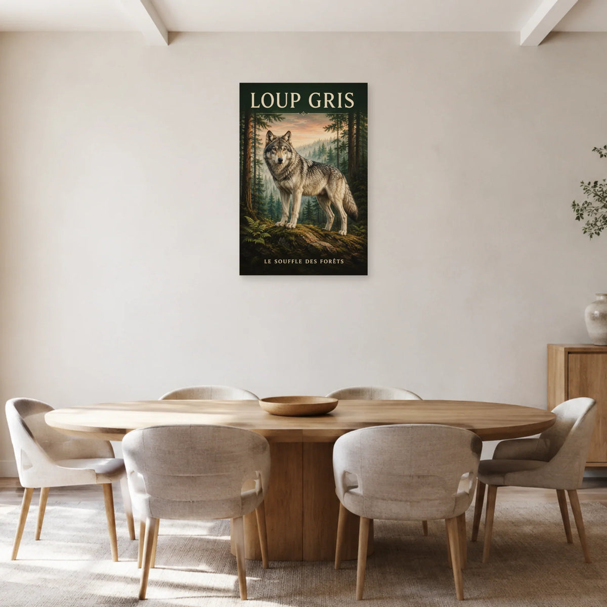 Affiche Loup gris, le souffle des forêts dans une salle à manger - Art Virtuoso