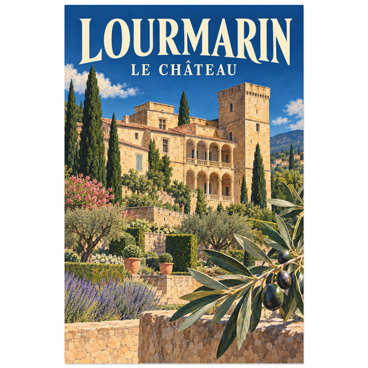 Affiche Lourmarin Château et jardin, illustration peinte / affiche de voyage rétro verticale, format 30 × 45 cm