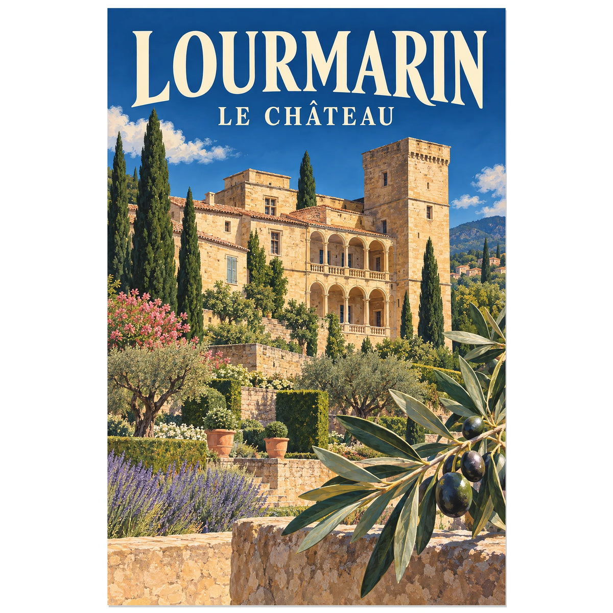 Affiche Lourmarin Château et jardin, illustration peinte / affiche de voyage rétro verticale, format 60 × 90 cm