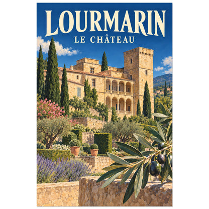 Affiche Lourmarin Château et jardin, illustration peinte / affiche de voyage rétro verticale, format 60 × 90 cm