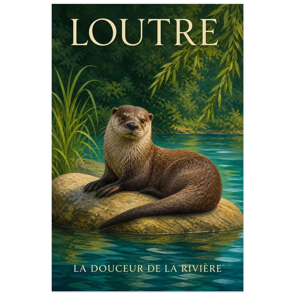 Affiche Loutre, la douceur de la rivière, illustration naturaliste peinte à typographie intégrée verticale, format 30 × 45 cm