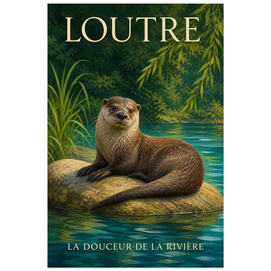 Affiche Loutre, la douceur de la rivière, illustration naturaliste peinte à typographie intégrée verticale, format 30 × 45 cm
