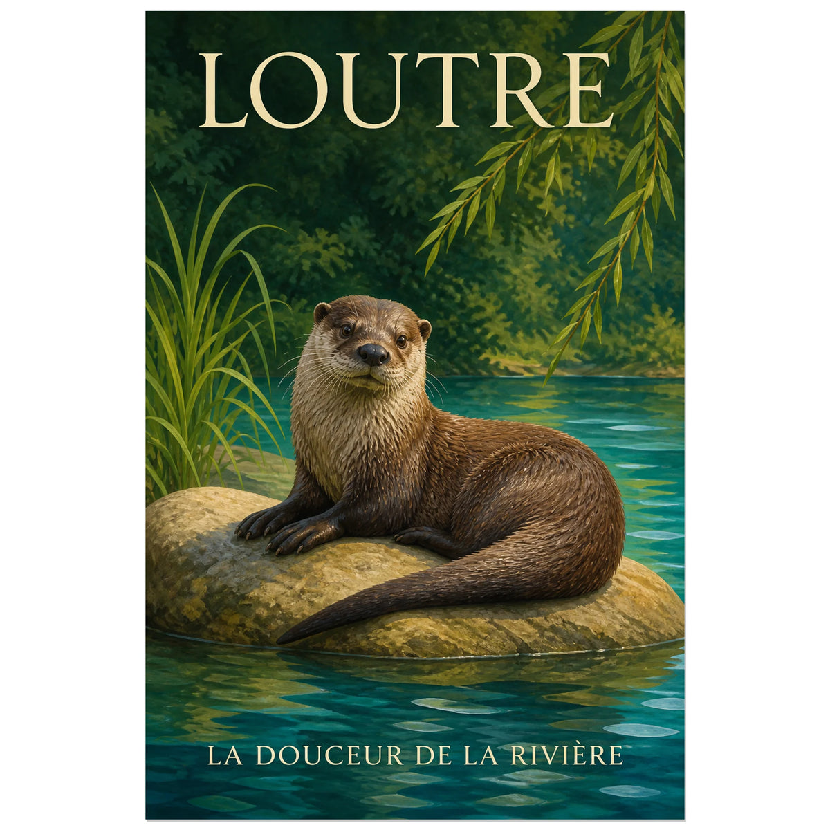 Affiche Loutre, la douceur de la rivière, illustration naturaliste peinte à typographie intégrée verticale, format 60 × 90 cm