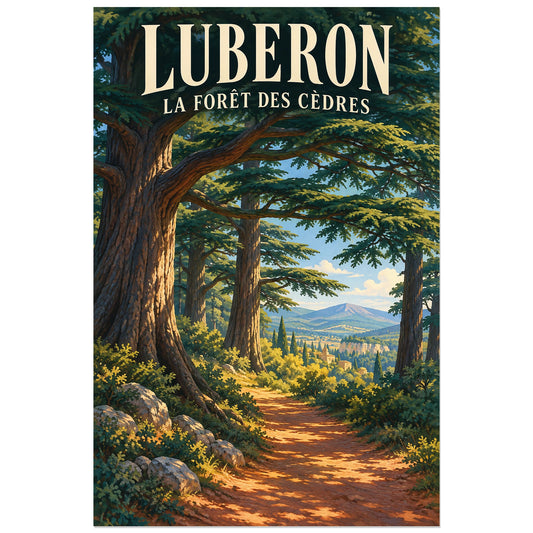 Affiche Luberon Forêt des Cèdres, illustration peinte / affiche de voyage rétro verticale, format 30 × 45 cm