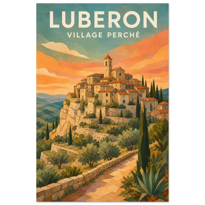 Affiche Luberon – Village Perché, papier découpé et gouache verticale, format 30 × 45 cm