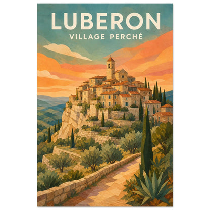 Affiche Luberon – Village Perché, papier découpé et gouache verticale, format 60 × 90 cm